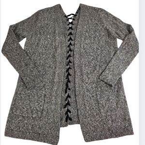 Black Tape M Lace-Up Back Cardigan Sweater Black Gray 1748-n
